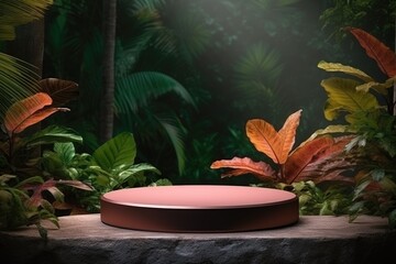 Podium pedestal in tropical forest garden green red yellow plant.