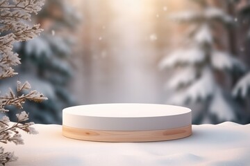 Podium Stage Snow-covered Christmas tree surround.