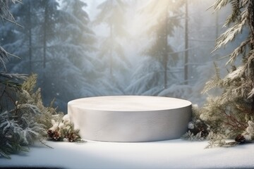 Podium Stage Snow-covered Christmas tree surround.