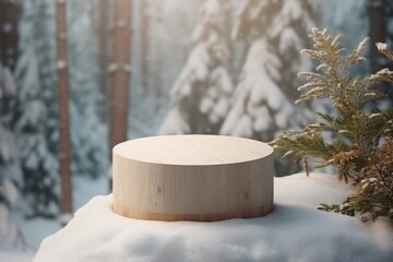 Podium Stage Snow-covered Christmas tree surround.