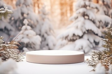 Podium Stage Snow-covered Christmas tree surround.