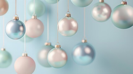3D render of Pastel-colored Christmas baubles hanging on a pastel blue background. very detailed