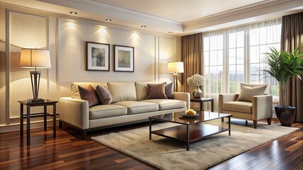 Warm And Inviting Living Room With Hardwood Floors, Large Windows, And A Cozy Seating Area.