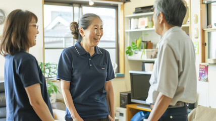 Obraz premium グループホームでおしゃべりする日本人スタッフ