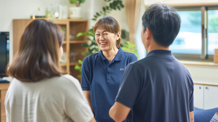 Obraz premium グループホームでおしゃべりする日本人スタッフ