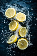 Lemon slices in water with splashes on dark background