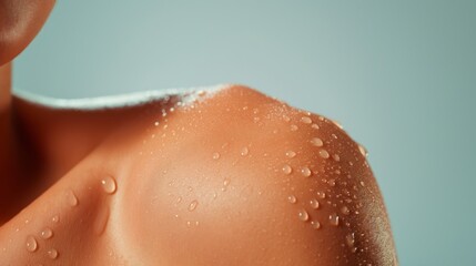 Fototapeta premium Close up of wet skin with water droplets on shoulder.