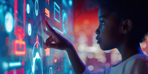 black child using artificial intelligence on virtual screen with a simple minimalist colourful UI for communicating with friends online - future social media concept