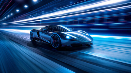 Futuristic car driving at high speed on city highway. Cyberpunk style illustration.
