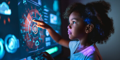 black child using colourful simplistic artificial intelligence on virtual screen with simple minimalist colourful UI for education - future education concept, virtual classroom
