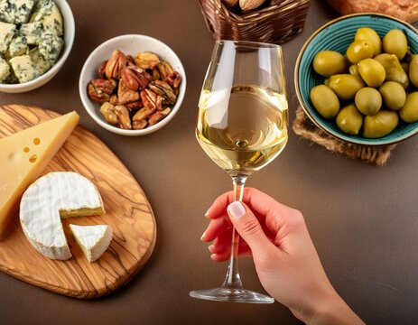 mano de mujer con copa de vino blanco y acompa&ntilde;ado con fiambres quesos aceitunas y mas 