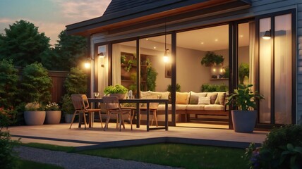 Summer evening on the patio of beautiful suburban house with lights in the garden