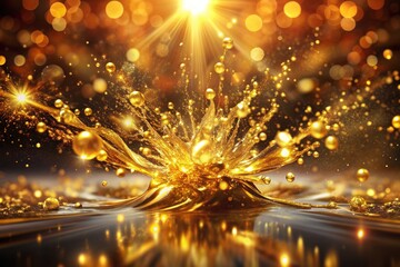 Obraz premium Vibrant golden splashes erupt from a dark abstract background, radiating warmth and energy, with intricate textures and shiny metallic tones.