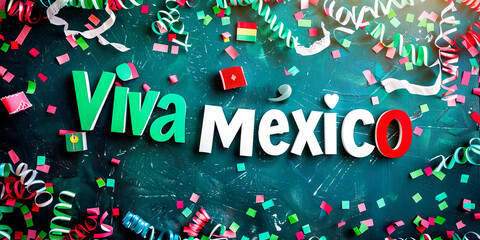 Viva México en letras de madera, color verde y blanco, confeti y adornos de fiesta,  Celebración de días patrios, independencia, o 5 de Mayo