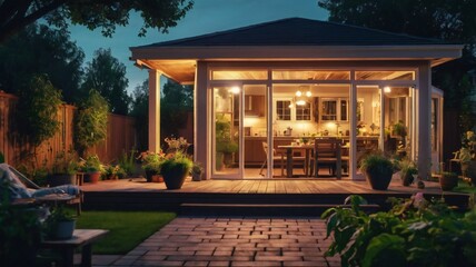 Summer evening on the patio of beautiful suburban house with lights in the garden