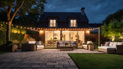 Summer evening on the patio of beautiful suburban house with lights in the garden