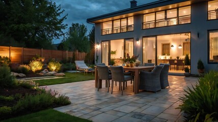 Summer evening on the patio of beautiful suburban house with lights in the garden