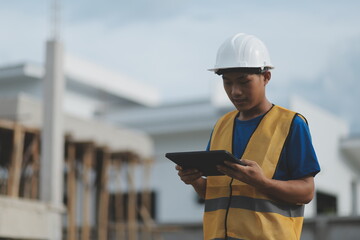 worker inspection while in Left hand hold tablet. inspector engineer using tablet.