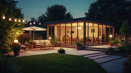 Summer evening on the patio of beautiful suburban house with lights in the garden