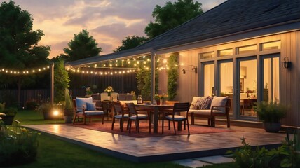 Summer evening on the patio of beautiful suburban house with lights in the garden