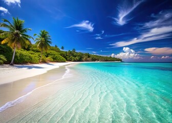 Serene idyllic beach with pristine white sand and crystal-clear turquoise blue waters gently lapping at the shore under a cloudless bright blue sky.