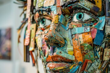 Fototapeta premium unique sculpture made from recycled materials, displayed in an eco-friendly art exhibit