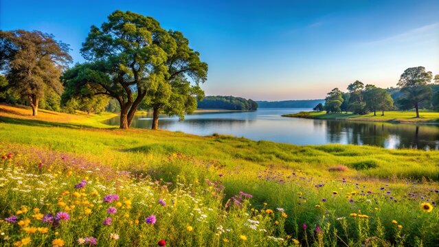 Serene meadow landscape on the shores of Kabini River, Karnataka, India, featuring lush green grass, vibrant wildflowers, and towering trees against a clear blue sky.
