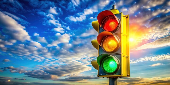 Vibrant traffic light stands alone against a brilliant blue sky, its red, yellow, and green hues evoking a sense of journey, possibility, and urban energy.