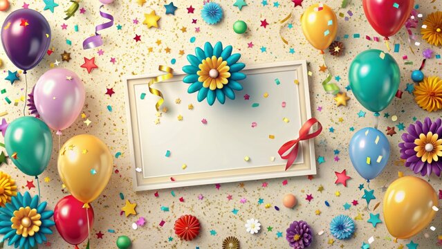 Empty background with a certificate of achievement surrounded by confetti, flowers, and balloons, conveying a sense of joy and accomplishment.