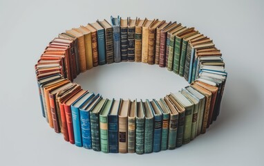 A circle of old books is meticulously arranged on a white surface, representing knowledge, history, and the endless pursuit of learning