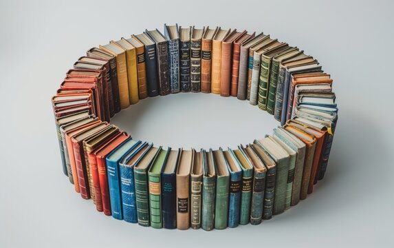 A circle of old books is arranged on a white surface, representing knowledge, history, and the endless pursuit of learning