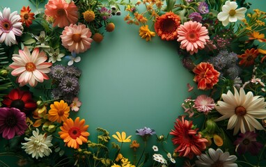 Obraz premium A bright floral arrangement featuring assorted flowers placed on a dark green background capturing the beauty of nature