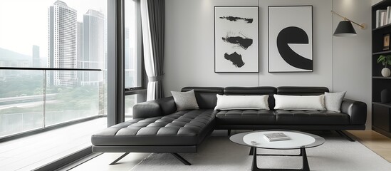 A stylish modern living room interior featuring a black leather sofa large windows and minimalist decor with a city view