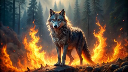 A majestic wolf stands defiantly amidst a raging inferno, its piercing gaze illuminated by flickering orange flames engulfing the dark forest.