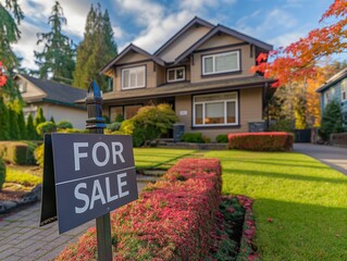 A house for sale with autumn foliage in a modern home setting surrounded by real estate property featuring a vibrant lawn