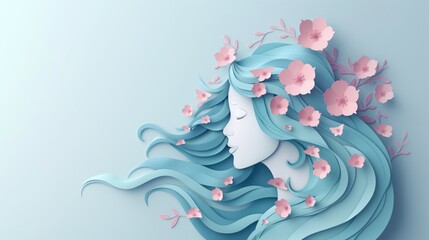 Obraz premium A tranquil and artistic 3d paper art depiction of a female face with flowing hair and flowers symbolizing beauty serenity and artistic expression