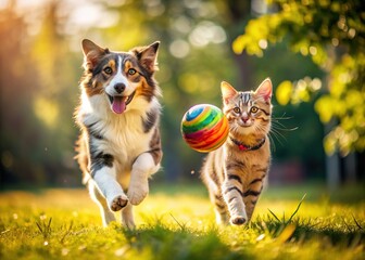 Adorable cat and dog duo engage in joyful playtime, chasing and batting around a colorful ball on a warm sunny day outdoors together.