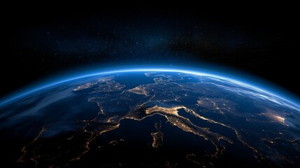 Obraz premium Earth from space at night with city lights highlighting continents and natural features, providing a stunning view of our planet's vibrant human activity and geography