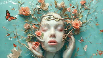 A serene face surrounded by delicate flowers and branches underwater with butterflies fluttering around creating a peaceful and artistic scene of beauty and nature