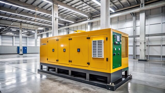 A standalone diesel generator set with fuel tank and control panel, prepared for emergency power supply, sits on a concrete floor in a bright interior space.