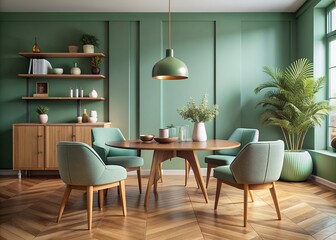 Scandinavian, mid-century modern living room featuring mint-colored chairs around a round wooden dining table, with a sofa and cabinet against a green wall