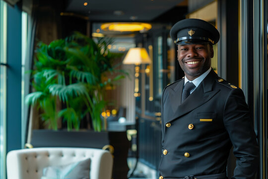 Radiant doorman with a welcoming smile at hotel entrance
