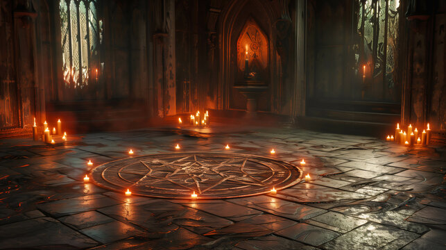 Magical transmutation circle on floor with glowing candles in dim light