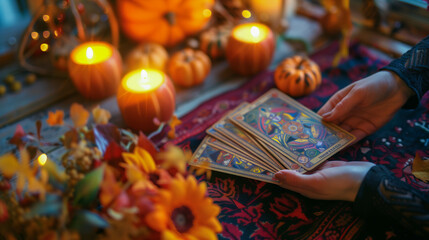 Fototapeta premium Tarot Reading at Autumn Fair with Vibrant Fall Decor
