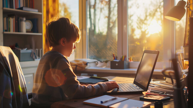 Young boy studying online with a notebook in front of a window