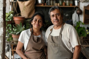 Hispanic handsome man and mature woman in aprons owners working at zero waste shop interior. Ecology, AI Generative