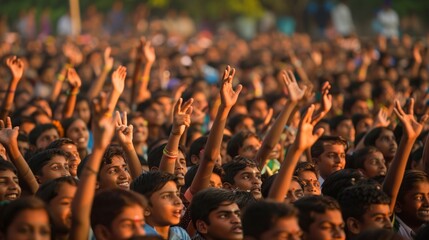 Hundreds of Indian school students crowd are enjoying concert with hands up and backside wide angle view in landscape, AI Generative