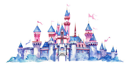 Watercolor painting of A castle with pink and blue towers and flags. Isolated on transparent background.