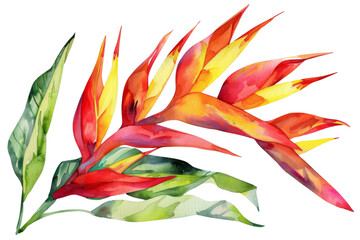 Watercolor painting of A watercolor painting of a red and yellow flower with green leaves. Isolated on transparent background.