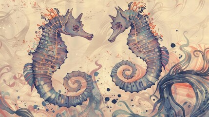 Seahorses depicted in retro hues Hand drawn
